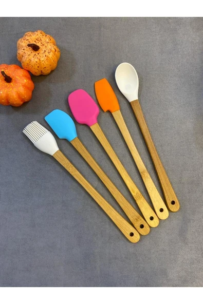 Kitchen Crazy Bambu Saplı 5 Parça Mini Silikon Spatula Kaşık Fırça Seti - Resim 4