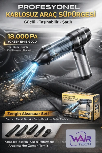 Wair Teknoloji 18000pa Güçlü Vakum Araç Süpürgesi Taşınabilir Çantalı 6000mAh Bataryalı Üflemeli ürün görseli 1