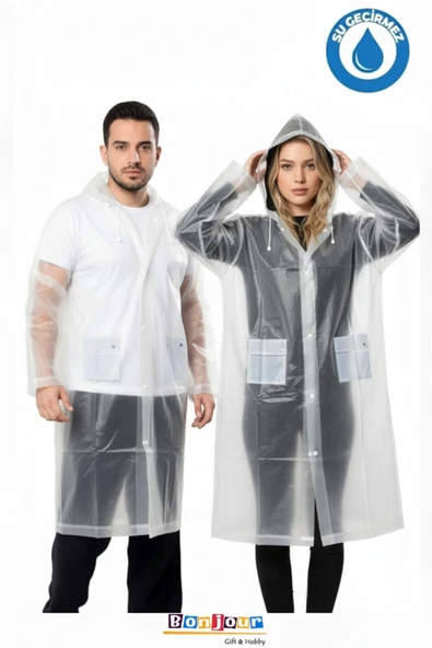 Bonjour Gift & Hobby Unisex Eva Yağmurluk Cepli, Çıtçıtlı, Kapüşonlu Rüzgar Yağmur Geçirmez ürün görseli 1