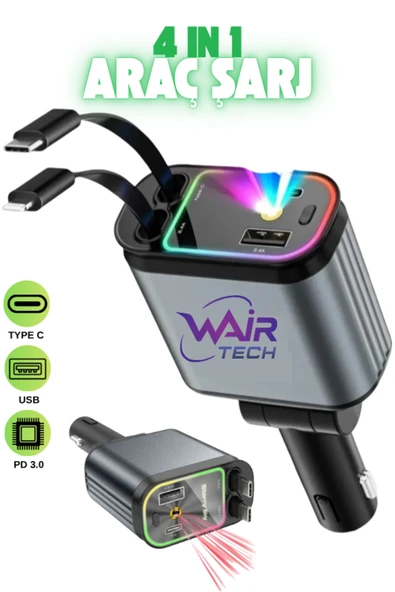 Wair Teknoloji Usb C Type-c Araç Şarj Aleti, 4'ü 1 Arada Hızlı Şarj Araç 66w Araç Usb Çakmaklık Şarj Cihazı ürün görseli 1