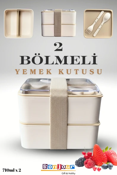 Bonjour Gift & Hobby 2 Bölmeli Kare Taşınabilir Yemek Kabı Lunch Box Diyet Beslenme Kutusu Saklama Kabı Çatal Kaşık ürün görseli 1