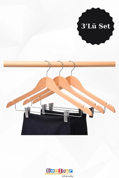 Bonjour Gift & Hobby 3'Lü Ahşap Askılık Kıyafet Askısı Etek, Gömlek, Pantolon ürün görseli 1