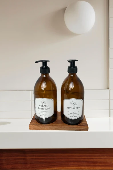 Bonjour 6 Parça Bambu Standlı/sıvı Sabun Ve Bulaşık Deterjanı Şişesi/500ml 2'li Amber Cam & Bambu ürün görseli 1