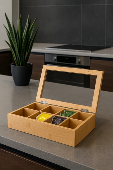 GÖNÜL 8 Bölmeli Bambu Poşet Çay Kutusu Bambu Organizer Kutu Takı Aksesuar Kutusu 30x20x7cm. ürün görseli 1
