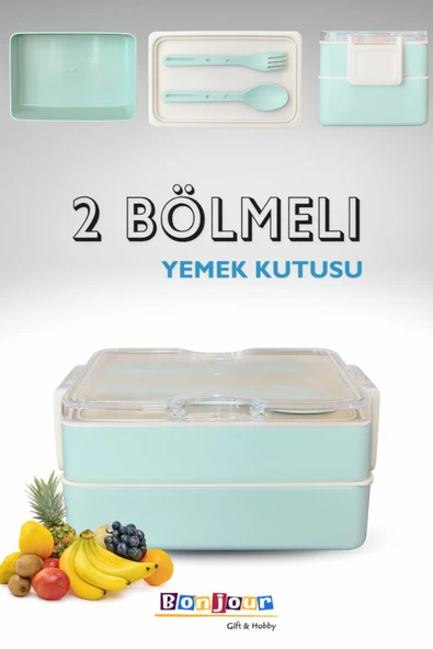 Bonjour Gift & Hobby 2 Bölmeli Dikdörtgen Taşınabilir Yemek Kabı Lunch Box Diyet Beslenme Kutusu Saklama Kabı ürün görseli 1