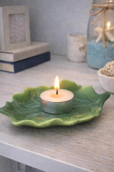 Yaprak Formlu Seramik Mumluk | Dekoratif Tealight Mumluk, Yemek Masası & Ev Dekoru (Yeşil) ürün görseli 1
