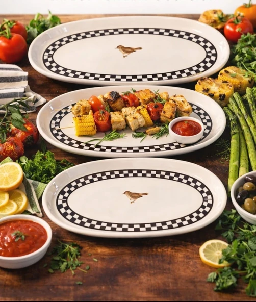 DAMALI KUŞLU 3 LÜ KAYIK TABAK - Resim 2