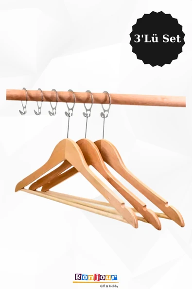 Bonjour Gift & Hobby 3'Lü Ahşap Askılık Kıyafet Askısı Etek, Gömlek, Pantolon ürün görseli 1