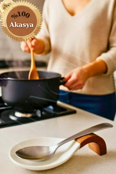 Bonjour Gift & Hobby Akasya Saplı Silikon Kaşıklık Yanmayan Yapışmayan Tezgah Ürünü / Natural Akasya ürün görseli 1