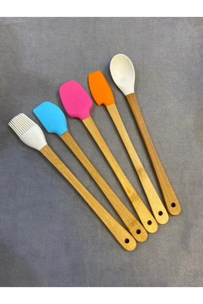Kitchen Crazy Bambu Saplı 5 Parça Mini Silikon Spatula Kaşık Fırça Seti ürün görseli 1