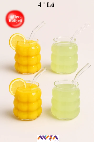 AVŞA Global 4'Lü Boncuk Bardak Pipetli Meşrubat Su Kahve Sunum Bardağı Isıya Dayanıklı 350ml ürün görseli 1