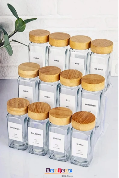 Bonjour Gift & Hobby 12’li Bambu Kapaklı Kare Formlu Cam Baharatlık Seti / 16 Adet Etiket ürün görseli 1