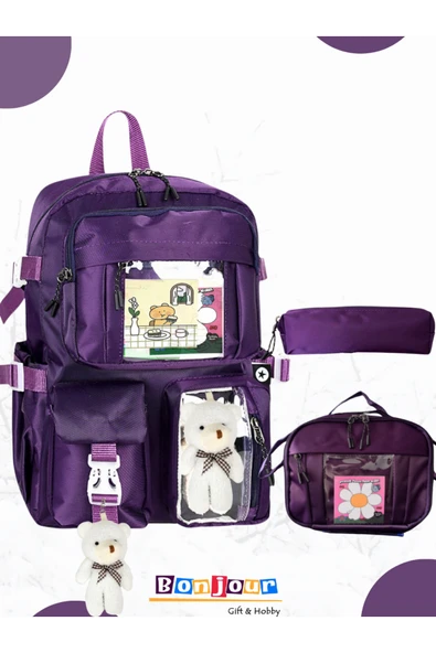 Bonjour Gift & Hobby 3'Lü Kore Modeli Set Çocuk İlkokul Çantası, Kalemlik, Beslenme Çantası, Sırt Çantası ürün görseli 1
