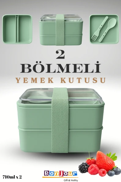 Bonjour Gift & Hobby 2 Bölmeli Kare Taşınabilir Yemek Kabı Lunch Box Diyet Beslenme Kutusu Saklama Kabı Çatal Kaşık ürün görseli 1