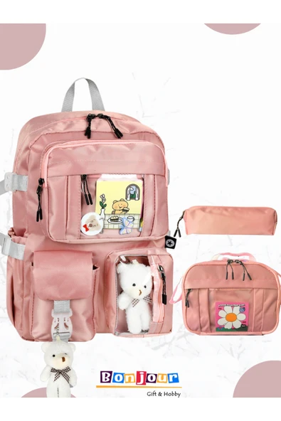 Bonjour Gift & Hobby 3'Lü Kore Modeli Set Çocuk İlkokul Çantası, Kalemlik, Beslenme Çantası, Sırt Çantası ürün görseli 1