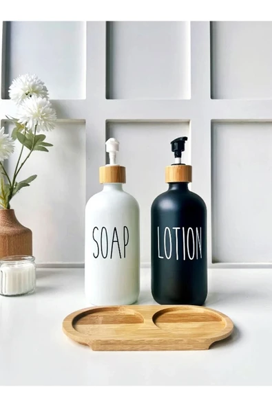 MİEN 2’li Siyah Ve Beyaz Bambu Altlıklı Cam Sabunluk Seti 500ml + 500 ml ürün görseli 1