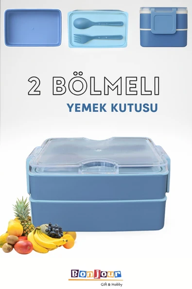 Bonjour Gift & Hobby 2 Bölmeli Dikdörtgen Taşınabilir Yemek Kabı Lunch Box Diyet Beslenme Kutusu Saklama Kabı ürün görseli 1