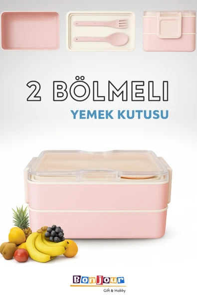 Bonjour Gift & Hobby 2 Bölmeli Dikdörtgen Taşınabilir Yemek Kabı Lunch Box Diyet Beslenme Kutusu Saklama Kabı ürün görseli 1