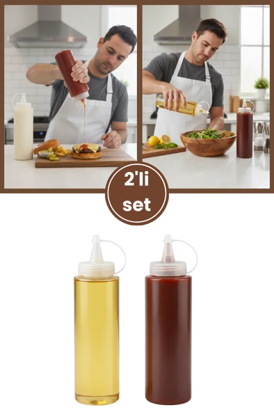 Kapaklı Şeffaf Yağdanlık ve Sosluk 2’li Set, Yağ Sirke Ketçap Mayonez Çikolata Şişesi 700 ml 2 Adet ürün görseli 1