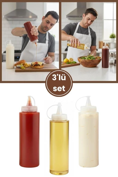 Kapaklı Sızdırmaz Şeffaf Yağdanlık ve Sosluk 3’lü Set, Yağ Ketçap Mayonez Şişesi 700 ml 3 Adet ürün görseli 1