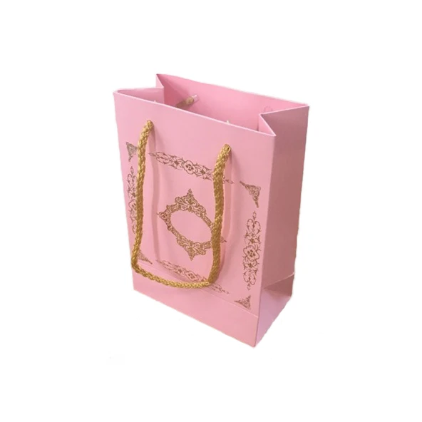 Karton Hediye Çantası Saray Desenli Gold Yaldızlı 12X17 (25 Adet)  Pembe ürün görseli 1