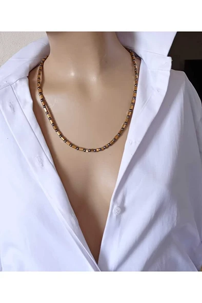 Denge ve Stil İki Renk Hematit Taşlı Unisex Minimal Kolye ürün görseli 1
