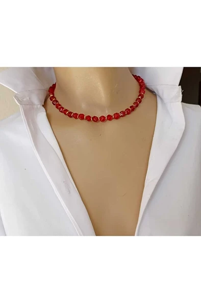 Kırmızı Kristal Kesim Mercan Altın Kaplama Hematit Boncuklu Kolye – Küpe Hediyeli ürün görseli 1