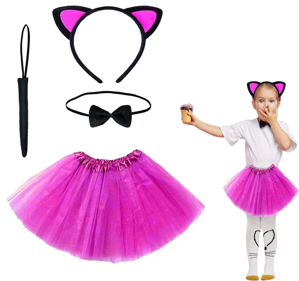 Fuşya Renk Etekli Kedi Kostüm Seti (Tütü, Taç, Papyon, Kuyruk) ürün görseli 1