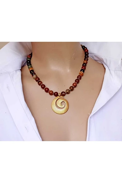 Dönence 8 mm Akik Doğal Taş Kolye – Altın Rengi Hematit Ara Boncuklu, Çelik Kolye Uçlu, Kutulu ürün görseli 1