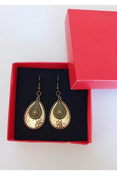 Antik İşlemeli Parlak Damla Tasarım Küpe – Otantik Boho Stil, Kutulu ürün görseli 1