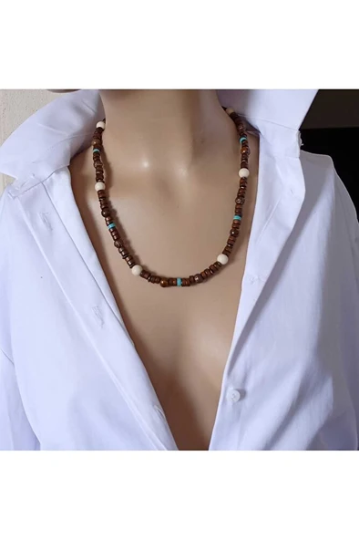 Doğal Denge Kemik Kaplan Gözü Mavi Havlit ve Tahta Boncuk Detaylı Unisex Kolye ürün görseli 1