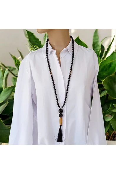 Gotik Siyah Uzun Oniks Taşı Kolye – 7 cm İpek Püskül Detaylı ürün görseli 1