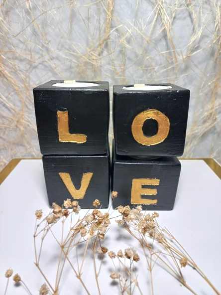 LOVE Yazılı 4'lü Dekoratif Mumluk Set Siyah-Gold ürün görseli 1