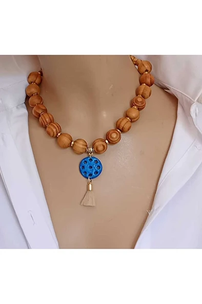 Alara Sandal Ağacı ve Süryani Taşı Detaylı Püsküllü Etnik Kolye ürün görseli 1