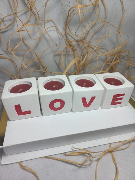 LOVE Yazılı 4'lü Dekoratif Mumluk Set Beyaz-Kırmızı ürün görseli 1