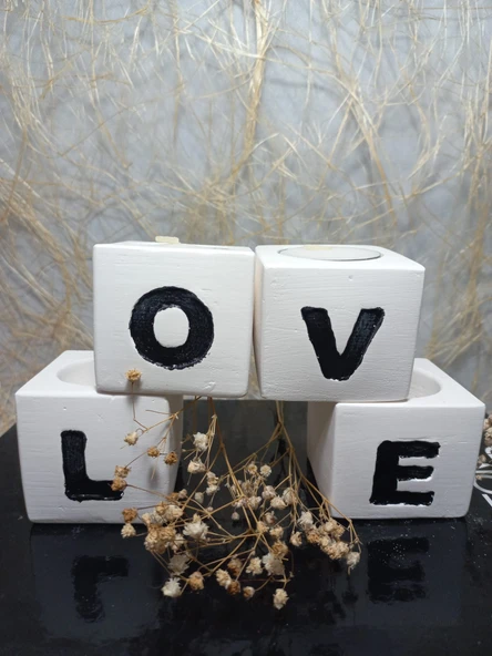 LOVE Yazılı 4'lü Dekoratif Mumluk Set Beyaz-Siyah ürün görseli 1