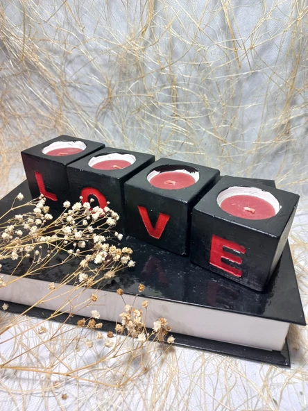 LOVE Yazılı 4'lü Dekoratif Mumluk Set Kırmızı-Siyah ürün görseli 1