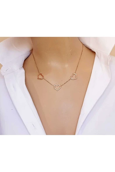 Rose Gold Üç Kalp Figürlü 316L Çelik Kolye ürün görseli 1