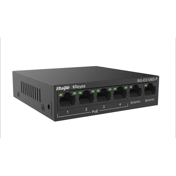 RUIJIE REYEE RG-ES106D-P 4 PORT 10/100 4 PORT POE 2 PORT UPLINK 58W YONETILEMEZ DESKTOP SWITCH ürün görseli 1
