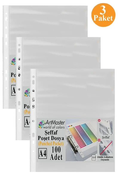 Poşet Dosya 100 Lü A-4 Şeffaf Föy Dosya 3 Paket Artmaster Ofis Okul Kenarı Delikli Poşet Dosya 80 Sayfa Kapasiteli ürün görseli 1