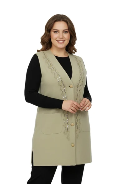Kadın Bej Rengi Pullu Anne Yelek NIL-1526 - Resim 5