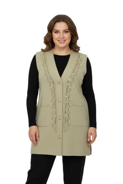 Kadın Bej Rengi Pullu Anne Yelek NIL-1526 - Resim 2