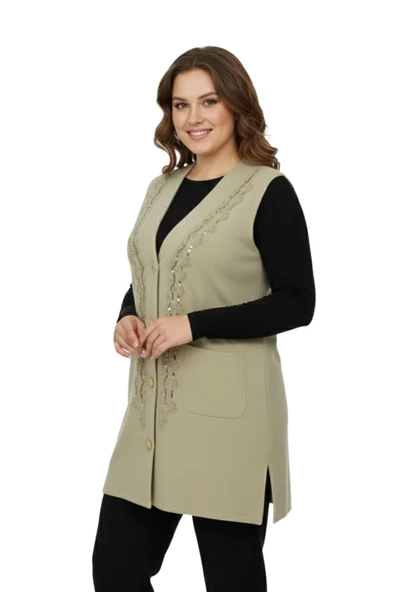 Kadın Bej Rengi Pullu Anne Yelek NIL-1526 - Resim 4