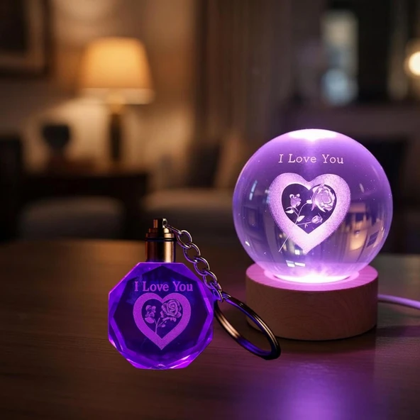 Renk Değiştiren I Love You Cam Küre Ve Kristal Anahtarlık ürün görseli 1
