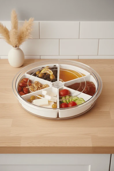 360 Derece Döner Kapaklı 6 Bölmeli Beyaz Kahvaltı Sunum Saklama Tabağı Kabı MIT1289 ürün görseli 1