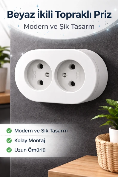 Topraklı Sıva Üstü İkili Set Priz Modern Kırık Beyaz Kolay Kurulum ürün görseli 1