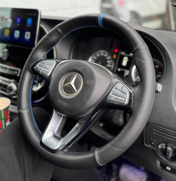 DİKİŞLİ DİREKSİYON KILIFI SİYAH / NOKTALI DERİ MAVİ YÜZÜK / DİKİŞ MERCEDES VİTO ürün görseli 1