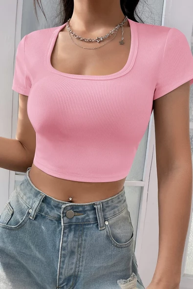 Kadın Pembe Yarım Kol Düz Yaka Crop Top Bluz ürün görseli 1