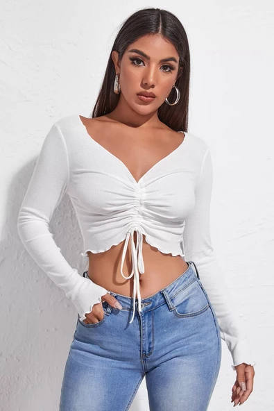 Kadın Beyaz Uzun Kollu Büzdürme Bağcık Detaylı Crop Top Bluz ürün görseli 1