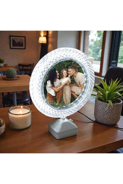 NATUREL Kristal Yuvarlak Sihirli Ayna Led Işıklı Fotoğraflı Dekoratif Masa Üstü Gece Lambası Güzel Hediye ürün görseli 1